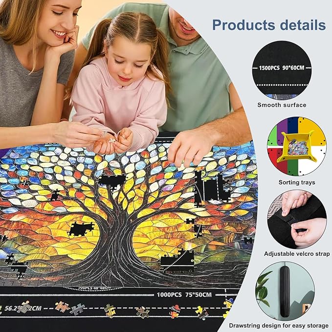 Napzy Puzzle Mat Rollup for Jigsaw Puzzles Storage Matt Roll Up Puzzle Board Saver with 8 Sorting Trays 1 Drawstring Bag Puzzle Table for Up to 1500 PCS