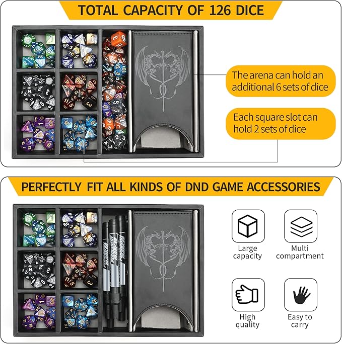 3 in 1 Dice Tray with Lid and Storage Tower, Portable Dice Box Holder for D&D RPG MTG Table Games - Gray