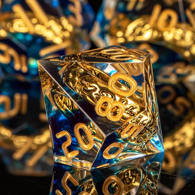 OUKELANWO Magic Lord Rings DND Dice Set with Box, 7Pcs Resin LOTR D&D Dice Set for Role Playing Game, Blue Gold Dungeons Dragons D and D Sharp Edge Dice D20 D12 D10 D8 D6 D4