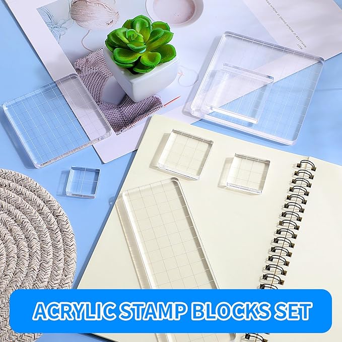 7 Pieces Acrylic Clear Stamp Block Clear Stamping Tools Set Decorative Stamp Blocks with Grid Lines for Scrapbooking Crafts, Card Making, DIY Projects (Assorted Sizes)