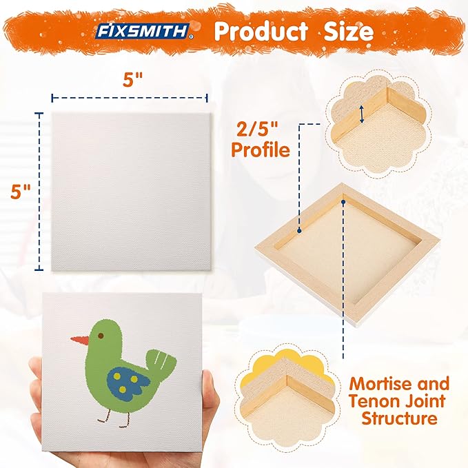 FIXSMITH Mini Stretched Canvas for Painting - 24 Pack 5 x 5 Inch, 2/5” Profile Small Square Canvases, 100% Cotton Little Blank Canvas, Home Decor Project,Art Supplies for Acrylic Oil Painting