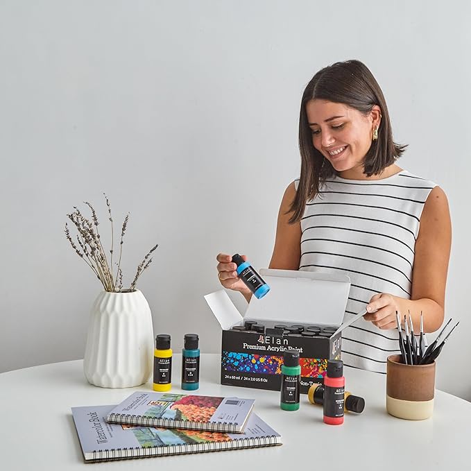 Elan Professional Acrylic Paint Set, 24 Vibrant Colors Acrylic Paint Tubes 2fl oz, Non-Toxic Tubes for Canvas & Crafts, Art Paints for Adults