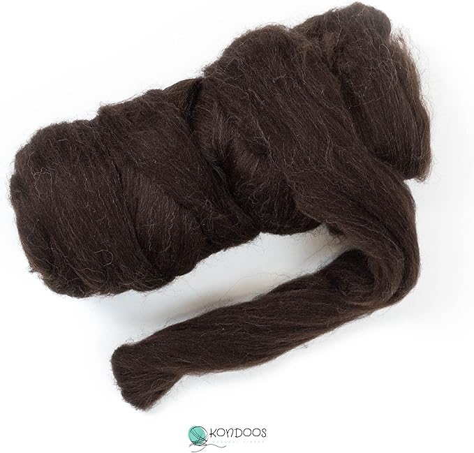 Kondoos Natural Wool roving, 8 OZ. Best for Needle Felting, handcrafts and Spinning. Natural Colours, un-Dyed. (Brown Dark Chocolate, 8 oz)