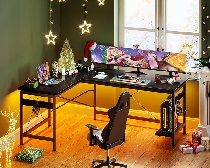 Coleshome 59" L Shaped Gaming Desk with Outlet, L Shaped Desk with CPU Stand, Corner Computer Desk, Home Office Desk, Writing Desk, Black