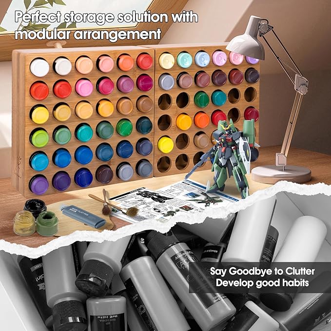 Bamboo Craft Paint Storage Organizer,36-Hole Vertical Paint Rack Stand for 2oz Craft & Acrylic Paints,Stackable Modular Storage Solution for Home, Classroom, and Office