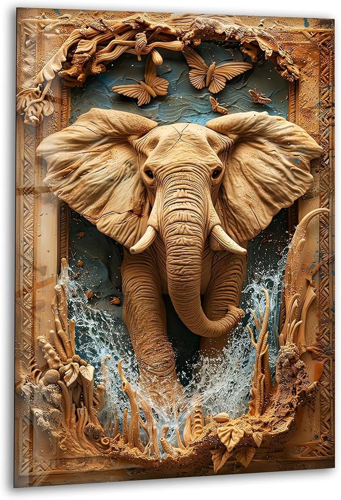 My Photostation.com 32Wx48H'' Elephant Carving Glass Wall Art Tempered Glass Printing Wall Decor Large Wall Art Wall Hangings