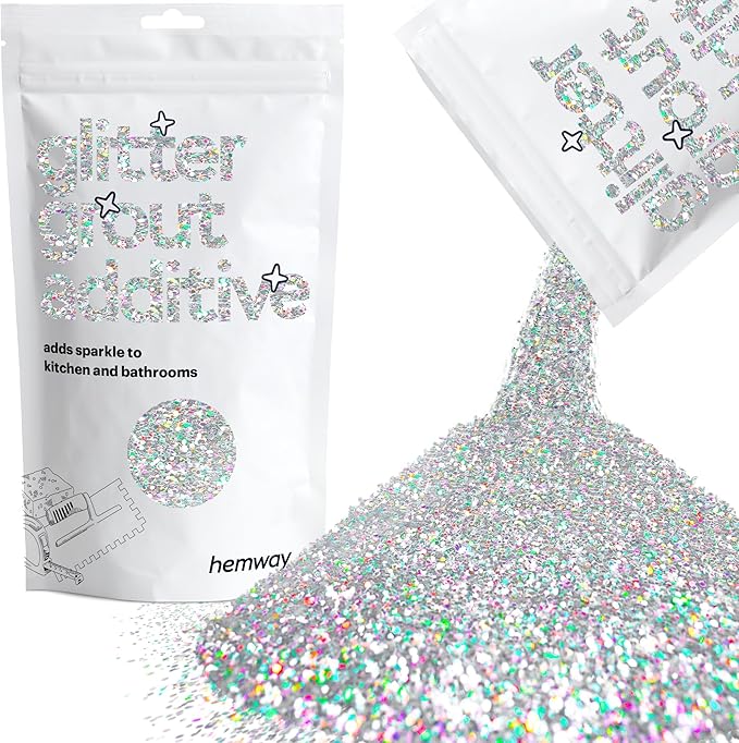 Hemway Glitter Grout Additive add Sparkle to Mosaic Tiles, Bathrooms, Wet Rooms, Kitchens, Tiled Based Rooms and Cement Based Grouts 100g / 3.5oz - Silver Holographic