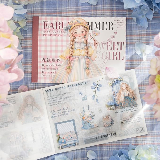 4Pcs Girl Pre-Cut Sticker Books, PET and Washi Designs for Scrapbooking, Journaling Supplies, Junk Journal Ephemera, Includes Organizer