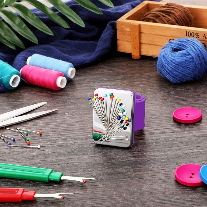 Magnetic Wrist Sewing Pincushion Wrist Magnetic Pin Holder Wristband Pin Cushion Holder with 3 Pieces Stainless Steel Pintail Comb Rat Tail Comb for Hair Clips Sewing, Daily Hand Sewing (Purple)