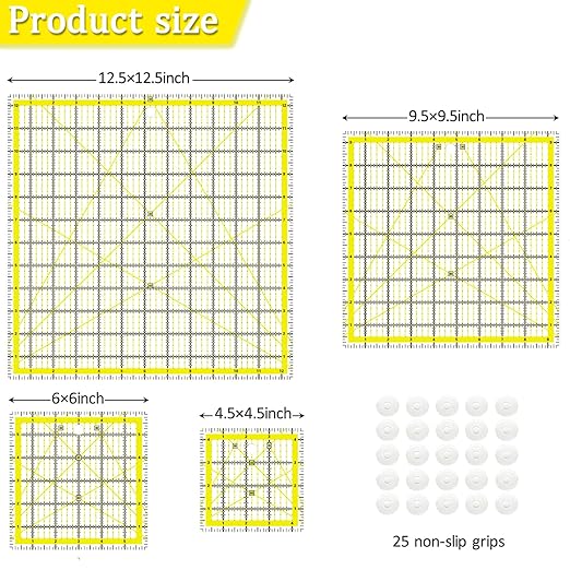 Quilting Rulers, Acrylic Quilt Ruler,4 Square Fabric Cutting Ruler (4.5"X4.5", 6"X6", 9.5"X9.5", 12.5"X12.5"), Quilting Templates with Non Slip Rings. (Yellow)