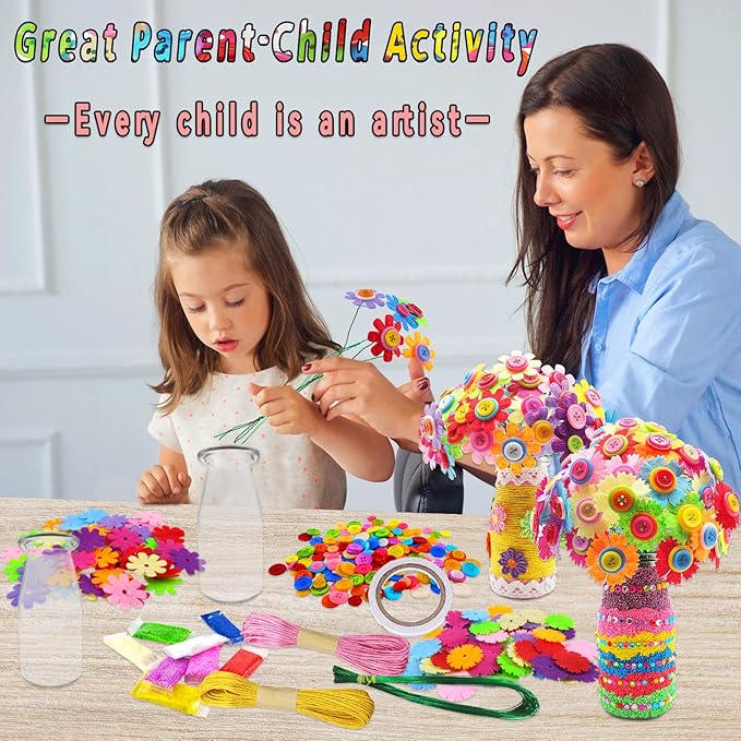 7july Crafts for Girls Ages 6-10 Make Your Own Flower Bouquet with Buttons and Felt Flowers, Vase Art and Craft for Children - DIY Activity Christmas Birthday Gift for Girls Age 6 7 8 9 10 Year Old