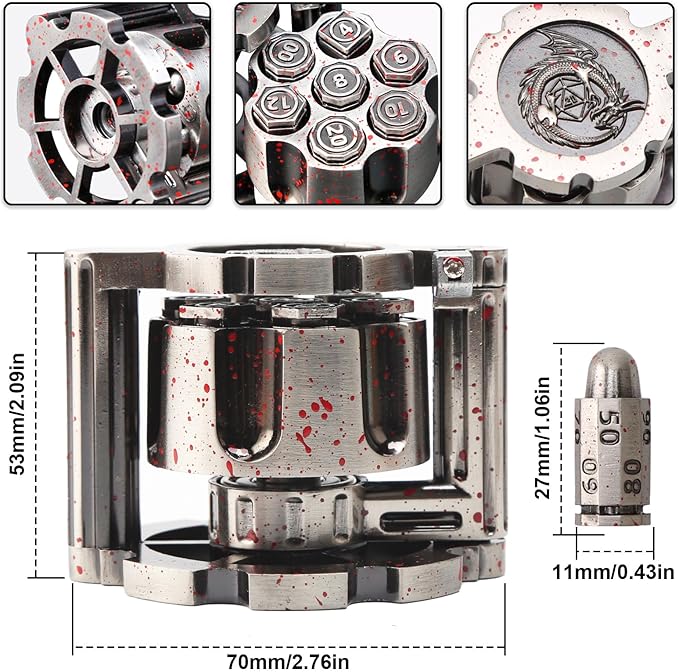 Bullet Dice, Revolver Bullet Metal Dice Set with Spinning Revolver Cylinder Container & Seven Polyhedron Dices for Sci-Fi, War, Crime Theme Tabletop Games