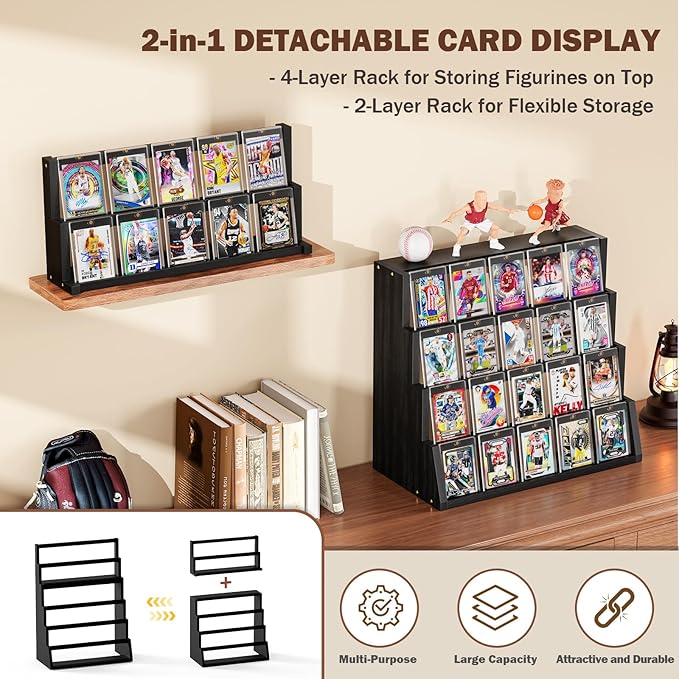 Emfogo Card Display Stand, 6-Tier Trading Card Display, Wood Detachable Graded Card Display with Top Storage, High Capacity Trading Card Display Stand for Collection & Show (Black)