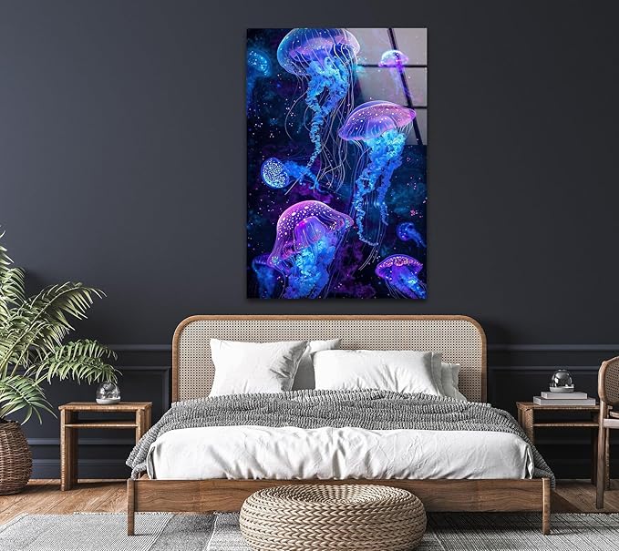 My Photostation.com 30Wx35.5H'' Glowing Jellyfish Glass Wall Art Tempered Glass Printing Wall Decor Large Wall Art Wall Hangings