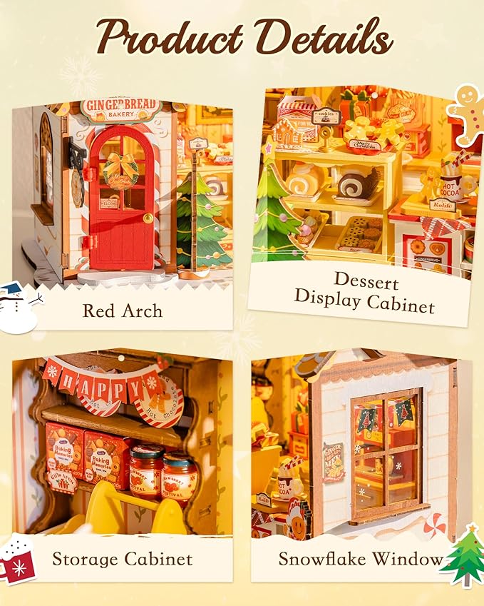 ROBOTIME DIY Miniature House Kit, Tiny House Book Nook for Family and Friends, Mini Wooden Dollhouse Kit for Halloween/Christmas/Birthday Gifts（Gingerbread House）