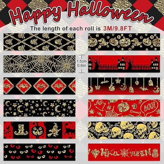 Whaline 12 Rolls Halloween Washi Tapes Red Black Foil Gold Decorative Tapes Skull Spider Web Pumpkin Pattern Masking Tapes for Halloween Scary Scrapbook Journal DIY Craft Gift Wrapping, 9.8Ft