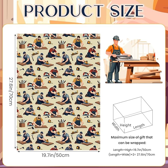 Pineraap 12 Sheets Carpenter Wrapping Paper, Woodworking Tools & Craftsman Printed Gift Wrap Decorative Craft Paper for DIY Projects, Birthdays, Father's Day, or Handyman Celebrations, 20 x 28 inch