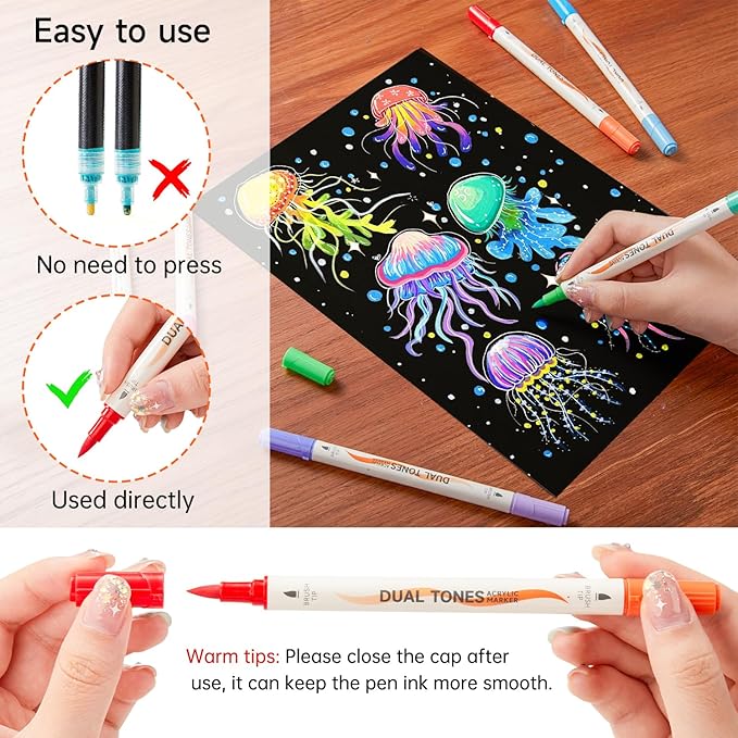 Shuttle Art 60 Pack Dual Tone Acrylic Paint Markers, 120 Colors Acrylic Paint Pens for Rock Painting, Ceramic, Wood, Canvas, Glass, Stone, Fabric, Card Making, DIY & Art Supplies