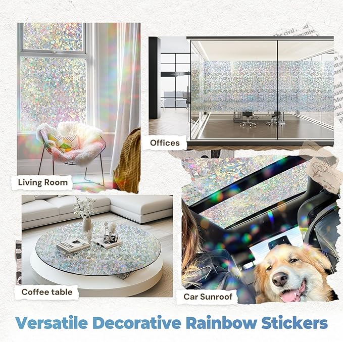DOWELL Window Privacy Film Rainbow Film, Stained Glass Decorative Sticker, Static Cling Non-Adhesive Glass Clings, Sun Blocking Heat Control Window Coverings for Home Door, 35.4" x 78.7"