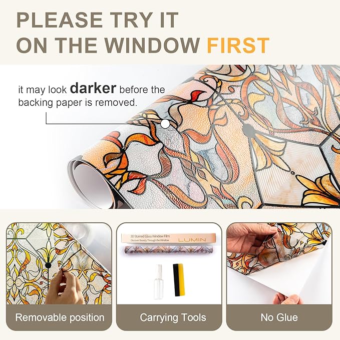 3D Stained Glass Window Privacy Film, Heat Control UV Blocking Static Cling Decorative Window Film for Bathroom,Front Door,Home Non Adhesive 23.6 x 35.4 inches Golden Filigree