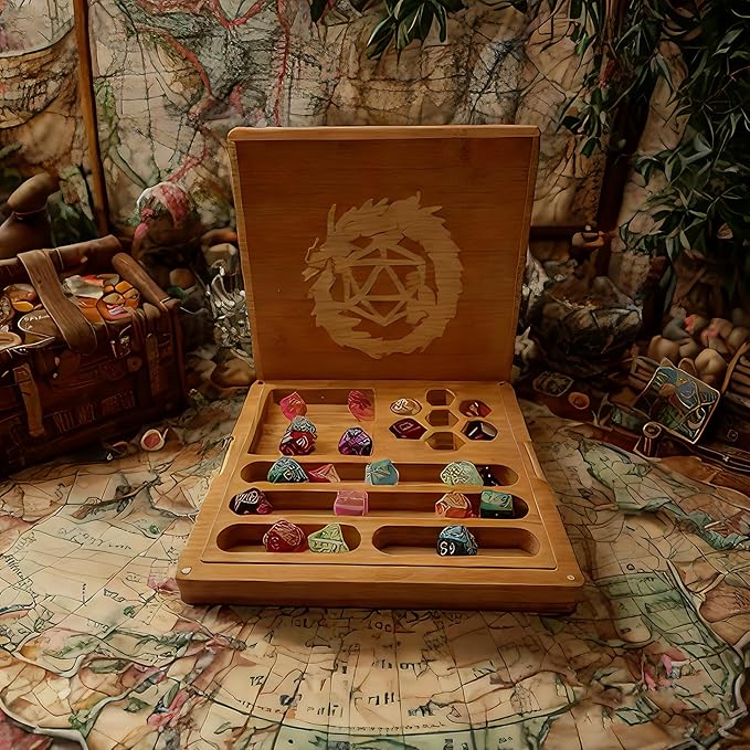 Bamboo Dice Box DND Dice Case 2 in 1 Dice Tray and Storage 7.5 x 7.5 Inch DND Dice Holder Dice Vault with Magnetic Lid Dice Rolling Tray Combined into One for RPG