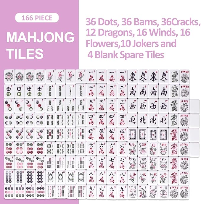 American Mahjong Tile Set with 166 Pink Back Tiles (1.2”, Tiles Only), Mahjong Game Set