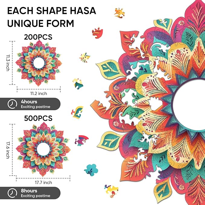 Wooden Puzzles for Adults 500 Pieces, Hollow Mandala Jigsaw Puzzles, Unique Design Color Challenge Adult Puzzles for Family Game Gift, Home Decor, 17.6x16.7 inch
