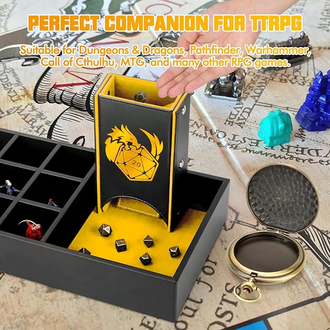 DND Dice Tray & Tower Storage Box, 4 in 1 D&D Dice Holder Case (Dice Rolling Tray, Dice Roller Tower, Dice & Miniature Storage), Great RPG Accessories Gifts for Dungeons and Dragons MTG DM & Player