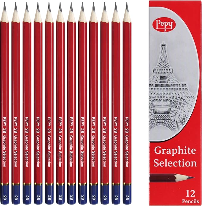 Pepy Graphite Professional Drawing Pencils - Set of 12 2B Pre-Sharpened Black Lead Pencils; Perfect for Drawing, Sketching and Shading, Graphic and Fine Art