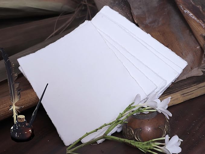 50 Pack Cotton Watercolor Paper with Deckle Edge 200 GSM Rough Textured Watercolor Paper for Writing (Off White, 9 x 12)