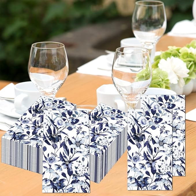 60 Pack 3 Styles Blue Floral Napkins for Decoupage Toile Napkins Flower Cocktail Decorative Paper for Birthday Party Beautiful Gorgeous, 12.9 * 15.7 inch