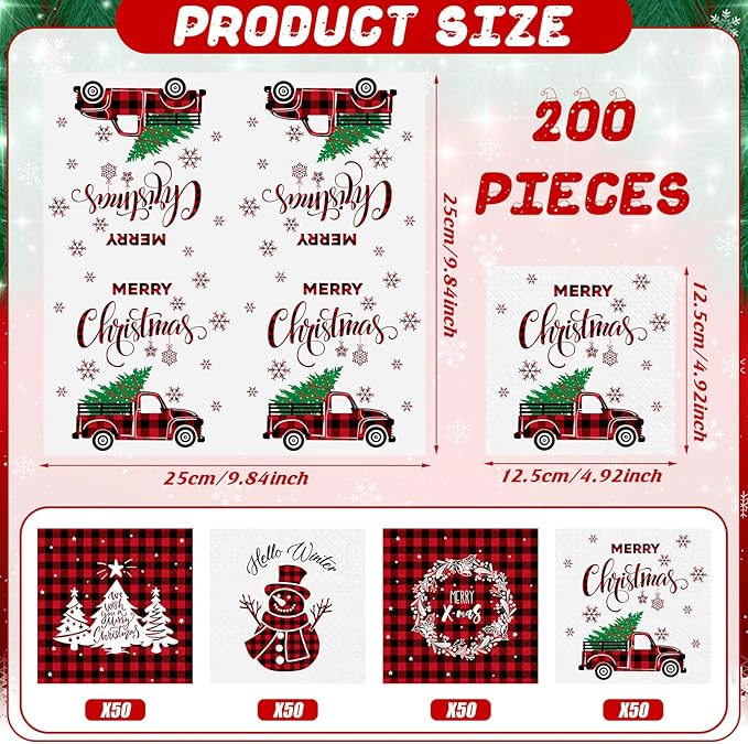 Janlaugh 200 Pcs Christmas Paper Cocktail Napkins Disposable 2 Ply Xmas Style Decoupage Beverage Napkins for Xmas Holiday Winter Dinner Table Decor