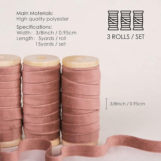 Vitalizart Rose Gold Velvet Ribbon Set 3/8"" x 15 Yd Wooden Spool Fabric Trim 3 Rolls * 5 Yd for Christmas Wreath Decoration Handmade Craft Ornaments Gift Wrapping & Bow Making