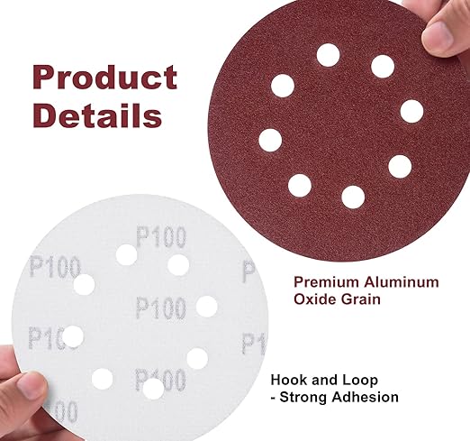 S SATC 150 Pcs Hook and Loop Adhesive Sanding Discs 5 Inch 8 Hole Sandpaper 100 Grit Aluminum Oxide Sander Pads for Random Orbital Sander