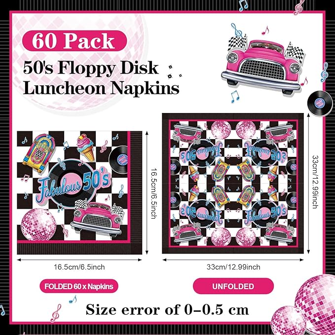 60 Pcs 50s Cocktail Paper Napkins 6.5 x 6.5 Inches Disposable Paper Napkins Dessert Beverage Napkin for Decoupage Luncheon Napkin for Party Wedding Birthday Party