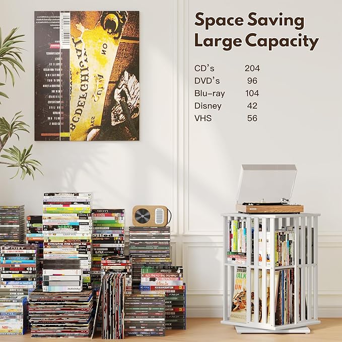 XIMN 360° Rotating Bamboo CD/DVD Shelf - 6-Tier Space-Saving Media Storage Cabinet for Movies, Organizer with Super Compact Design (White, 2 Tier)