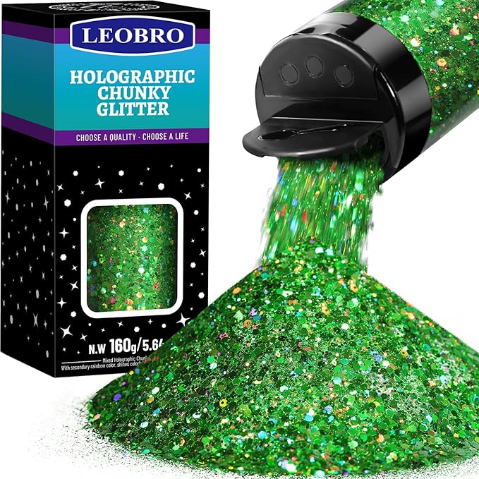 LEOBRO Green Glitter, 160g/5.64oz Holographic Chunky Glitter for Crafts, Resin, Nail Body, Tumblers, Party Decorations