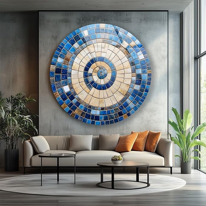 My Photostation.com 10''(25cm) Diameter Coastal Sunburst Beige & Blue Round Glass Wall Art Tempered Glass Printing Wall Decor Large Wall Art Wall Hangings
