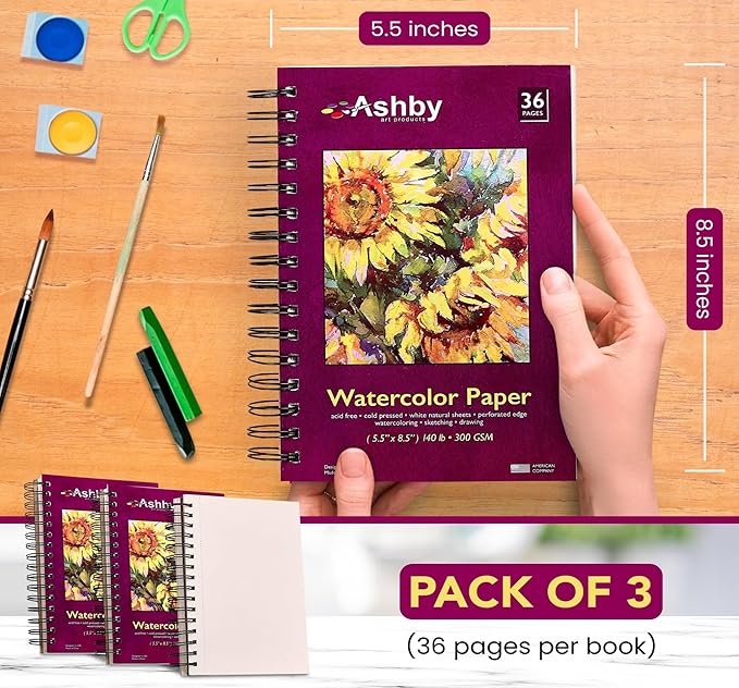 Ashby - Watercolor Paper Pads (5.5" x 8.5") - Pack of 3 (108 Total Sheets) - 140lb (300 GSM) Spiral Bound Notebook, Acid-Free, Cold Press - Ideal for Most Wet & Dry Media, Journaling and Drawing