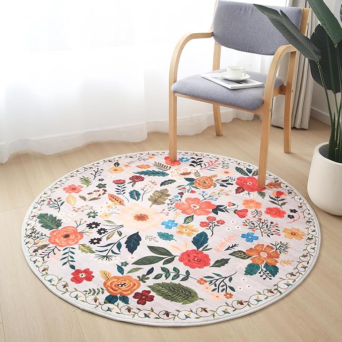 Rugcomf Round Rug 4ft Washable Circle Rug Non Slip Low Pile Boho Floral Small Circular Rug for Bedroom, Bathroom, Entryway, Kids Room, Office, College Dorm(Beige)