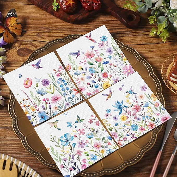 Fulmoon 200 Pieces Summer Floral Cocktail Napkins Disposable Flower Dessert Paper Napkins Bulk Wildflower Hummingbird Decoupage Beverage Towel for Summer Tea Party Dinner Table Decorative Supplies