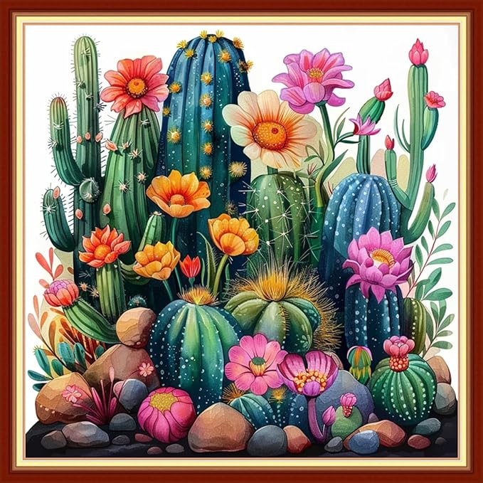 Joyhoor Stamped Cross Stitch Kits for Beginners, Needlepoint Kits for Adults, 11CT Counted Embroidery Kits-Succulent Plants 18x18 inchs