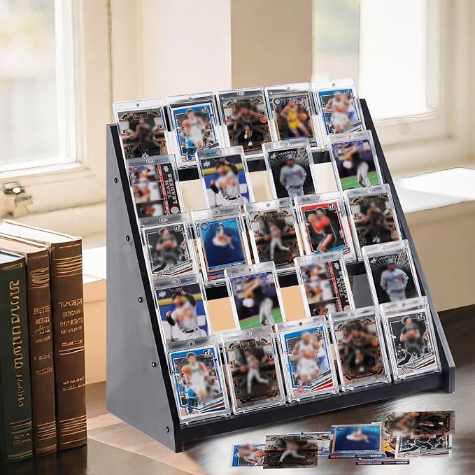 Trading Card Display Stand,5-Tier Bamboo Baseball Card Display Case, 35 pt Sports Card Display for Card Game Collection (Black)