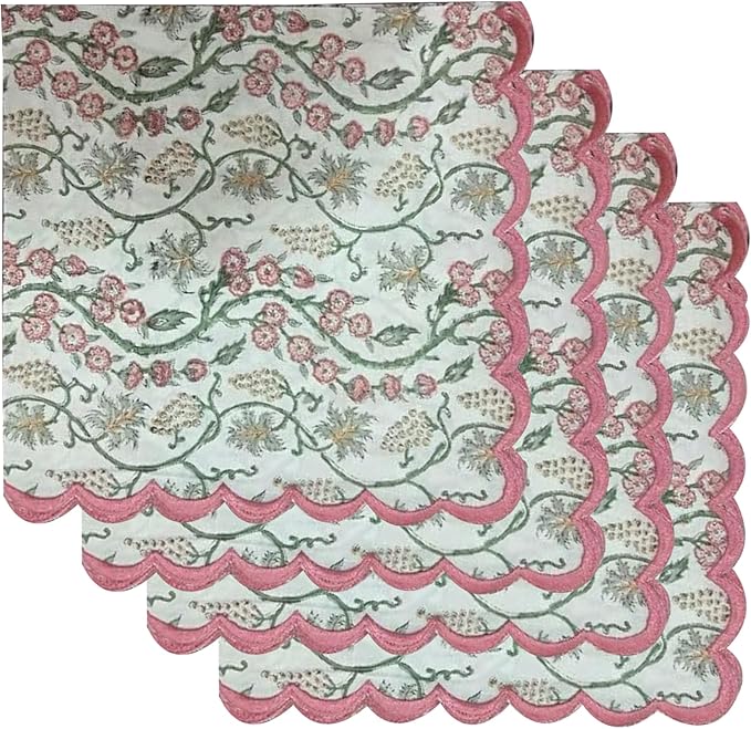 Ridhi Coral Pink Hand Block Print Napkins 18" x 18" Set of 4 Reusable Cotton Dinner Napkins for Weddings, Parties & Everyday Dining, Thanksgiving, Christmas, Fall