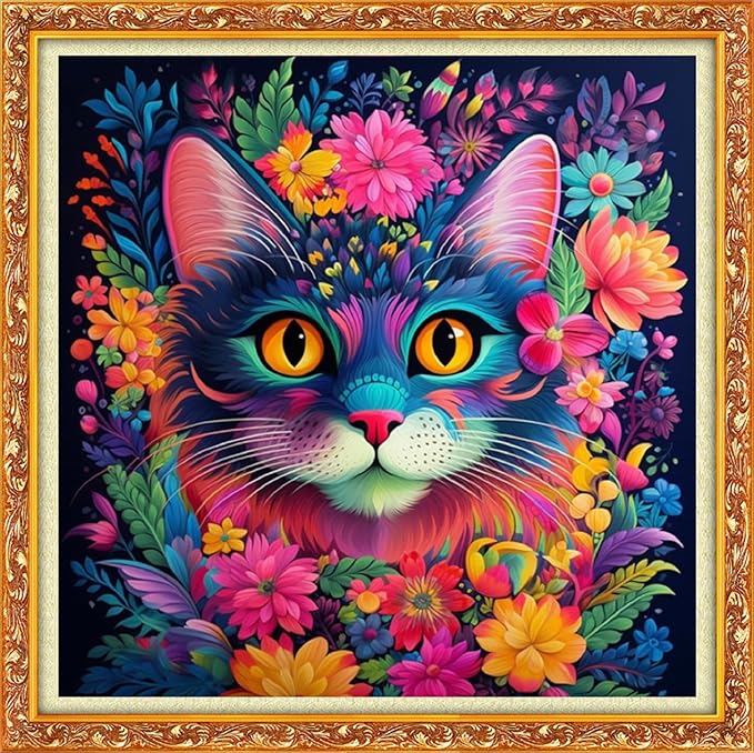 Foxhool Beginners Cross Stitch Kits Stamped Full Range of Embroidery Kits for Adults DIY Cross Stitches kit Embroidery Patterns for Needlepoint kit-Colorful Flower Cat 17.7x17.7 inch