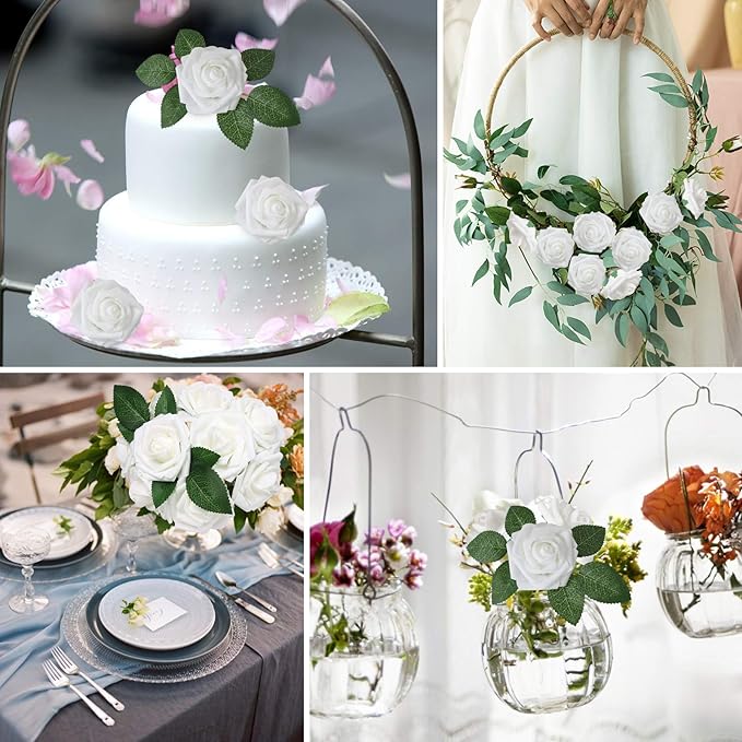 AmyHomie Artificial Flower White Rose 25pcs Real Looking Fake Roses w/Stem for DIY Wedding Bouquets Centerpieces Arrangements Party Baby Shower Home Decorations