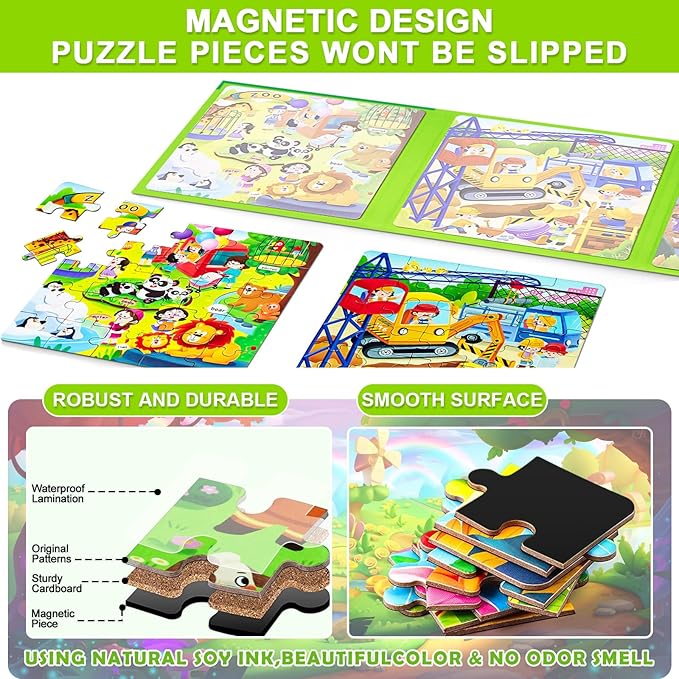 Magnetic Puzzles for Kids Ages 4-8, 3 in 1 Cartoon Jigsaw Puzzle Book, Toddlers Travel Puzzles Toys, Preschool Learning Toy for Children 3-8 Year (Green Zoo)