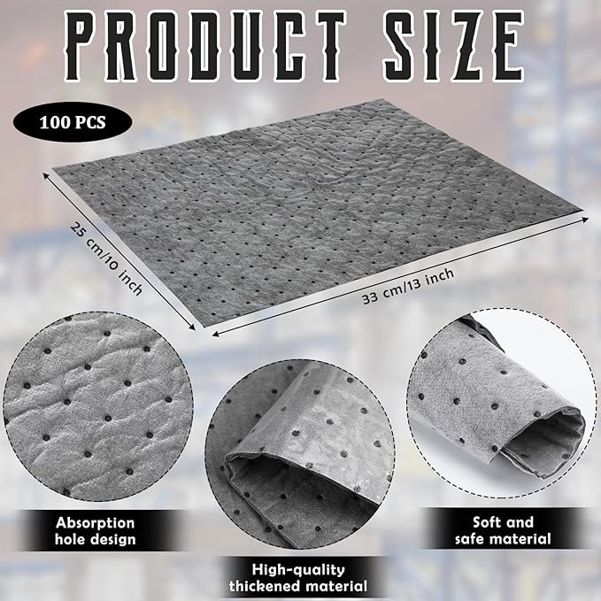 Sawysine 100 Pcs Adhesive-Backed Oil Absorbent Pads 13" x 10" Non-Slip Oil Absorbing Mats Gray Water Absorbent Mat for Garage Accessories Kitchen Basement Supplies