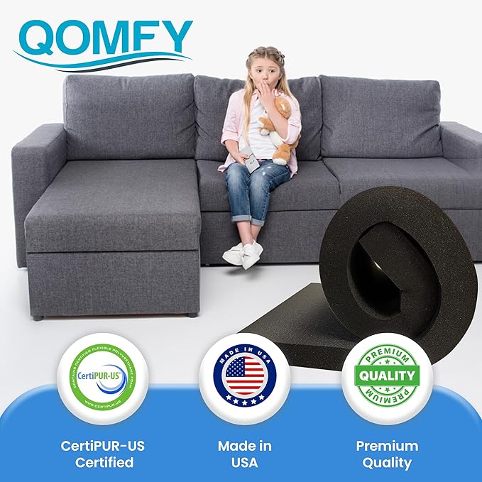 QOMFY 3" Height x 12" Width x 48" Length Charcoal Upholstery Foam Sheet | Made in USA | Multi-Purpose Foam for Upholstery, DIY, Packaging & Acoustic Projects