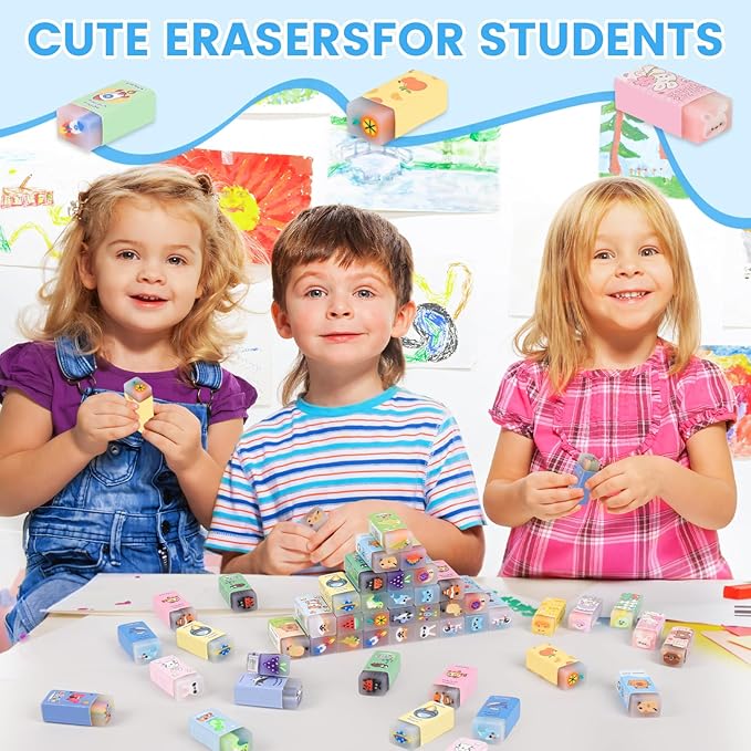 100 Pcs Cute Eraser for Kids Bulk Kawaii Erasers for Classroom Fun Erasers for Back to School Supplies Kid Party Favors Gift